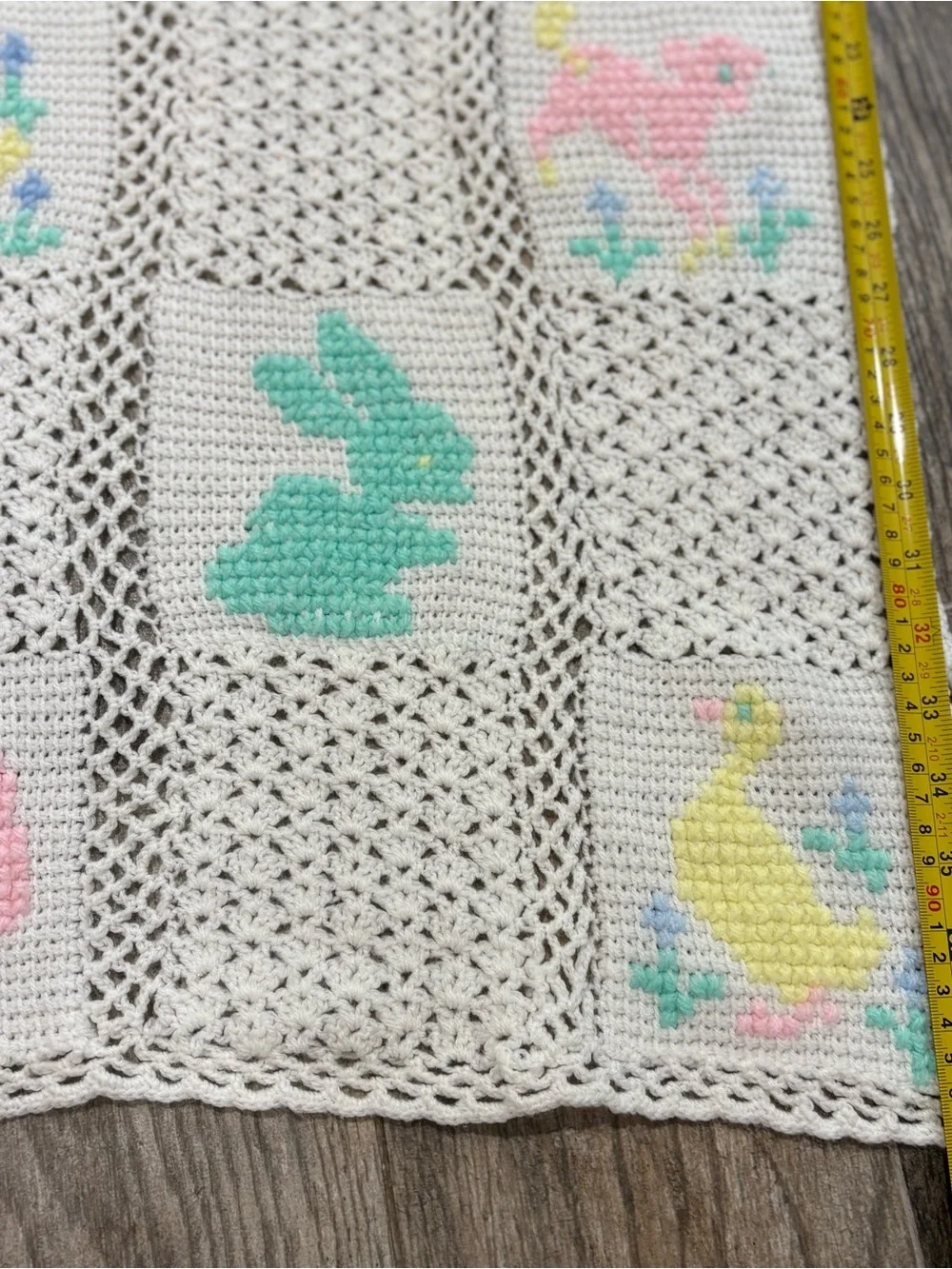 Vintage Handmade Animal Crochet Baby Blanket Cross Stitch 28x38” Unisex Pastel‎